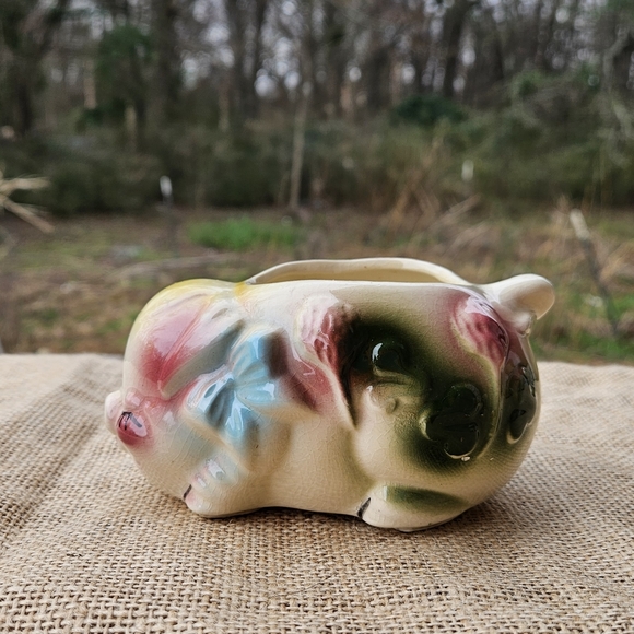 Floral Ceramic Pig Planter Old Vintage Shawnee or American Bisque Lucky Clover - Picture 10 of 14